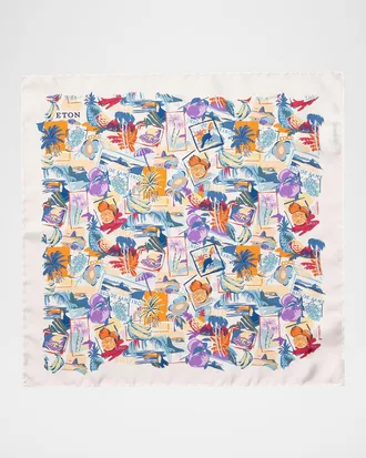 Eton Men & apos;s Postcard Vacation Silk Pocket Square