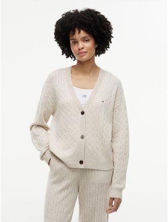 Tommy Hilfiger Womens Cable Knit Wool-Blend Lounge Cardigan - Heather Oatmilk - L