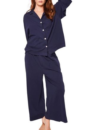 Petite Plume Olivia Wide Leg Pima Cotton Pajamas in Navy at Nordstrom, Size X-Large