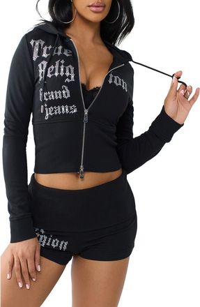 True Religion Logo Graphic Two-Way Zip Crop Hoodie in Jet Black at Nordstrom, Size Xx-Large