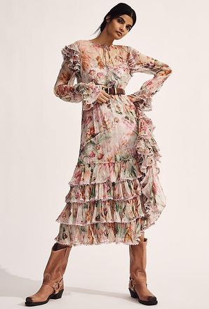 Mac Duggal Floral Chiffon Tie-Neck Tiered Midi Dress