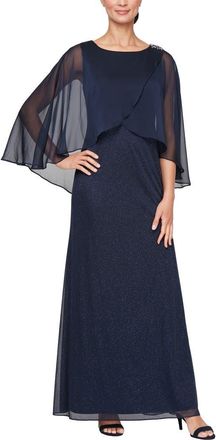 S.L. Fashions Cape Overlay Glitter Mesh Gown in Navy at Nordstrom, Size 10P