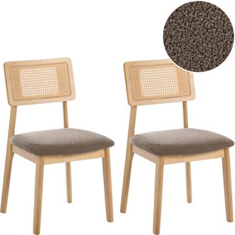 Beliani Conjunto De 2 Sillas De Comedor Asientos De Boucl&eacute; Gris Pardo Respaldo De Rat&aacute;n Sint&eacute;tico Estructura De Caucho Lacado Sin Reposabrazos Retro Marr&oacute;n Cl