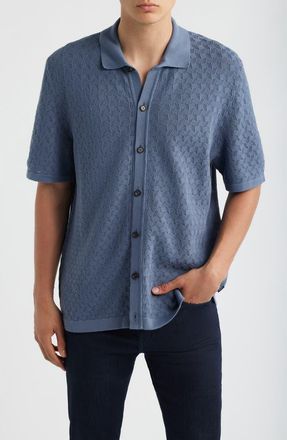 BOSS Nappo Pointelle Short Sleeve Button-Up Shirt in Open Blue at Nordstrom, Size Xx-Large