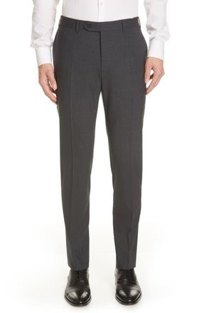 Canali Flat Front Classic Fit Solid Stretch Wool Dress Pants in Charcoal at Nordstrom, Size 48 Eu