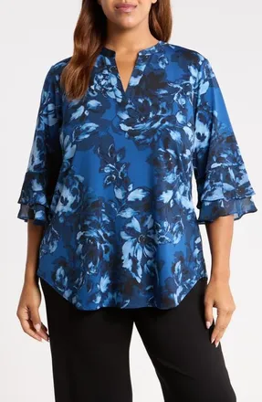 Kasper Floral Print Ruffle Sleeve Top in Blue Night Multi at Nordstrom, Size 1X
