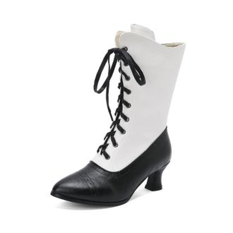 Generic Womens Two-Tone 5.5cm Kitten Heel Lace-Up Mid-Calf Boots for Autumn and Winter,Black and White,6.5 UK
