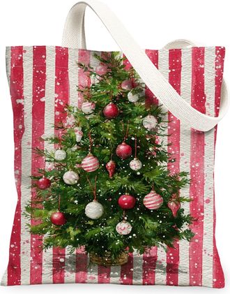 Generic Holiday Canvas Tote Bags, Festive Tree Design Reusable Shopping Bags, Merry Christmas Lightweight Washable Carryall for Tra, Red, 13x15 Inch