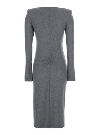 Pinko Grey Crew Neck Dress With Zip Closure And Ruffle Details In Fabric Woman