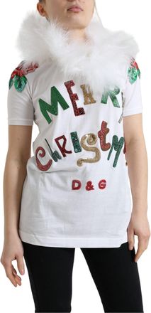 Dolce & Gabbana Womens White Cotton Christmas Sequin Fur T-Shirt
