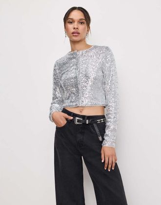 Good American Cardigan in cotone argento decorato con paillettes
