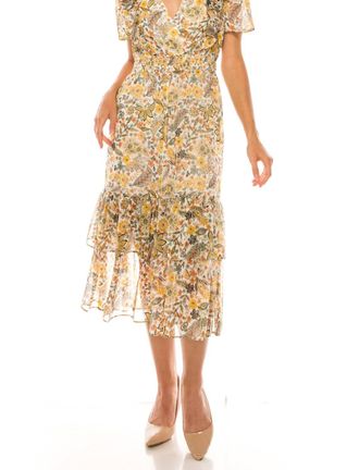Donna Morgan Floral Print Short Sleeve Midi Dress In Orange Multi