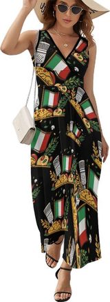 Generic Italian Flag Pizza Food Womens Sleeveless Long Dress Summer Maxi Dresses Casual Beach V Neck Vacation L