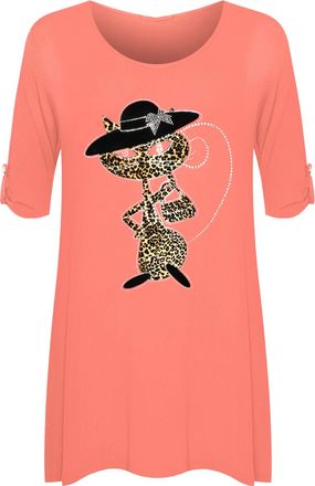 WearAll Womens Cat Animal Print Short Sleeve Plus Size Diamante Ladies Flared Top - Coral - 22/24