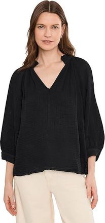 Michael Stars Kali 3/4 Sleeve Ruffle Neck Womens Clothing Black : MD (US 6-8), Cotton