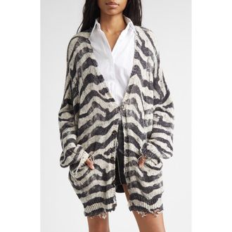 R13 Oversize Distressed Zebra Print Linen Blend Cardigan in Black And White Zebra at Nordstrom, Size X-Small