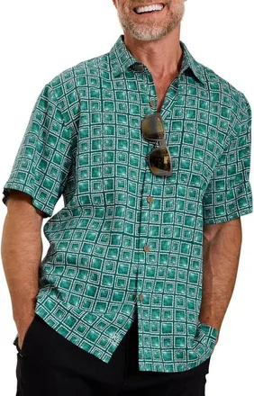 Tommy Bahama Torres Tiles Printed Silk Camp Shirt in Deep Sea Teal at Nordstrom, Size Xxx-Large