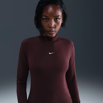 Nike Womens Nike Sportswear Chill Knit Slim Long-Sleeve Mock-Neck T-Shirt in Brown | HV5027-265