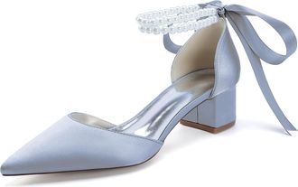 Generic Wedding Bridal Shoes Womens Block Heel Pearl Satin Closed Pointed Toe Chunky Low Heel Pump Party Wedding Dress Shoes 4.5Cm,Silver,10 UK