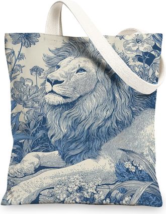 Generic Artistic Lion Canvas Tote Bags, Vintage Floral Design Reusable Grocery Bags, Lightweight Washable Eco-Friendly Shoulder Str, Blue, 13x15 Inch