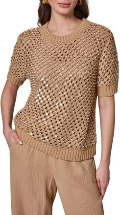 DKNY Pearl Detail Short Sleeve Sweater in Fawn at Nordstrom, Size X-Large