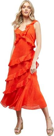 Oasis Dobby Ruffle V-Neck Tiered Midi Dress in Orange at Nordstrom, Size 10