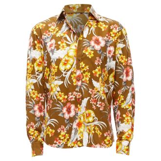 FAUSTO PUGLISI yellow tropical floral print cotton gold button shirt EU48 M
