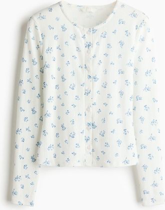 H&M Pointelle Jersey Cardigan in White/blue Floral at Nordstrom, Size X-Small