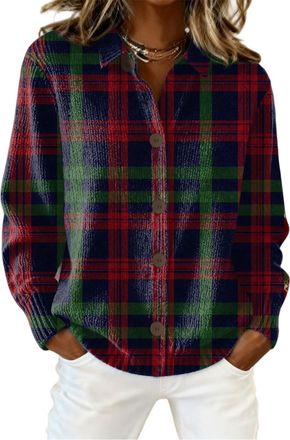Generic Womens Plaid Print Casual Cotton Buttoned Cardigan Sweater, Plaid Knitted Cropped Cardigan Sweater 2026 (T,M)