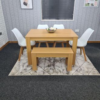 Kosy Koala Kosy Koala - Dining Table and 4 Chairs With Bench Oak Effect Wood 4 White Plastic Leather Chairs Dining Room