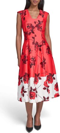 Karl Lagerfeld Floral Colorblock Stretch Cotton Midi Dress in Apple Red Multi at Nordstrom, Size 10
