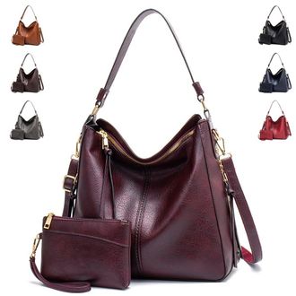 Generic Vintage PU Vegan Leather Handbags and Purse Sets for Women Fashion Tote Hobo Bags Shoulder Satchel Handbag Zip Wallet, B-purplish Red
