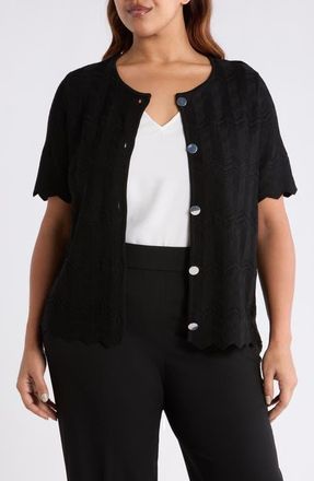 Anne Klein Pointelle Short Sleeve Cardigan in Anne Black at Nordstrom, Size 0X