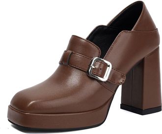 Generic Womens High Heeled Dress Shoes Comfort Slip on Formal Shoes with Buckle Square Toe PU Leather Platform Loafers,Brown,4.5 UK