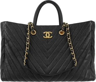 Chanel Shopping Quilted Knit Pluto Glitter Black Calfskin Handbag (Pre-Owned)