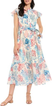 London Times Ruffle Neck Flutter Sleeve Maxi Dress in Ivory/Coral at Nordstrom Rack, Size X-Large