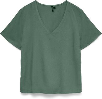 Vero Moda Blusenshirt VERO MODA VMMYMILO S/S V-NECK TOP WVN GA, Damen, Gr. XL, laurel wreath, Jersey, Obermaterial: 55% Viskose, 45% Leinen, unifarben, regular 