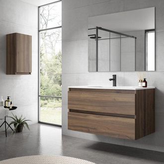 Adema Chaci Badkamermeubelset - 100x45x57cm - 1 ovale keramische wasbak wit - 1 kraangat - 2 lades - rechthoekige spiegel - noten (hout)