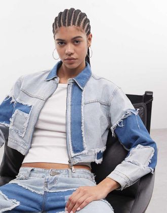 Liquor & Poker Giacca in denim squadrata blu invecchiata cut n sew in coordinato