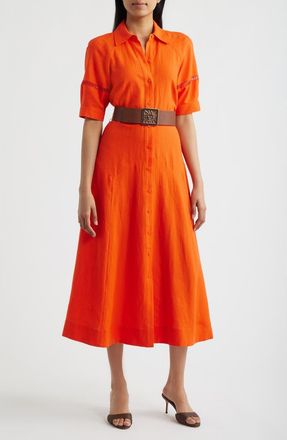 Anne Klein Belted Linen Blend Shirtdress in Carrot at Nordstrom, Size 14