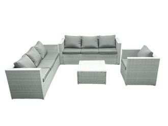 Fimous Wicker PE Rattan Sofa Garden Furniture Set with Armchair Square Coffee Table Light Grey Mixed