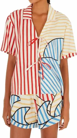 Farm Rio Lightweight Tie Detail Blouse In Navy Stripe