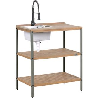 Beliani Isla De Cocina Exterior De Madera De Acacia Con Fregadero Y 2 Estantes 50 X 80 X 92 Cm Encimera De Madera Maciza Marr&oacute;n/negro Ivrea