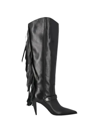 Pinko Knee-High Fringe Boots With Pointed Toe And Angled Heel