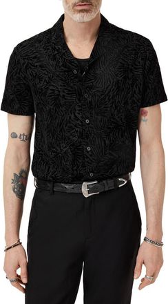 John Varvatos Matera Frond Jacquard Short Sleeve Organic Linen Button-Up Shirt in Black at Nordstrom, Size Xx-Large