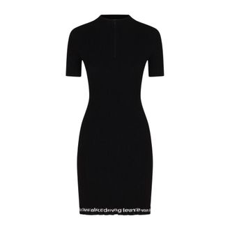 Alexander Wang Geribbelde Jurk met Korte Mouwen - Dames - Kleedjes - Zwart - XS - Leer - Kleedjes