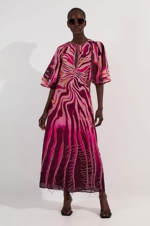 Karen Millen Womens Animal Print Georgette Embellished Short Sleeve Woven Maxi Dress - Pink - Size 14 UK