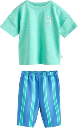 Next Graphic Cotton T-Shirt & Stripe Pants Set in Green at Nordstrom, Size 9-12M