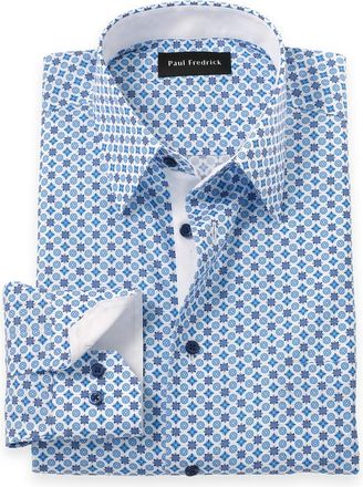 Paul Fredrick Cotton Point Collar Poplin Classic Contrast Trim Button Cuff Long Sleeve in Blue at Nordstrom, Size 17 X 33