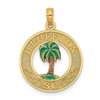 Diamond2Deal 14k Yellow Gold BLUFFTON SC Circle Enameled Palm Tree Charm Pendant